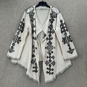 Roja XL Southwestern Tribal Embroidered Open Front Cardigan Boho Cream Black